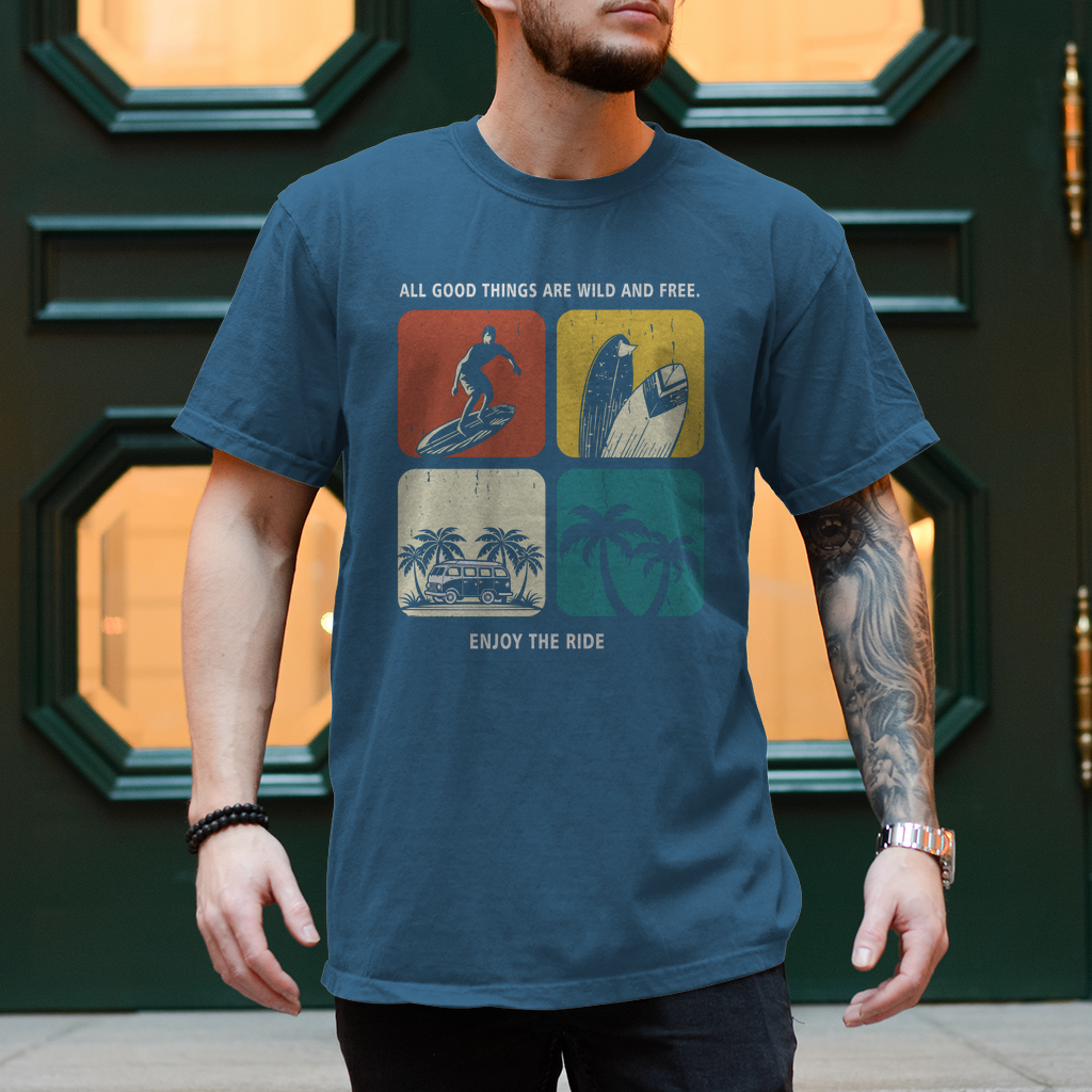 Vanlife T-Shirts:"Van Life und Surfer Shirt – All good things are wild and free"