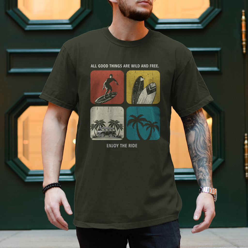 Vanlife T-Shirts:"Van Life und Surfer Shirt – All good things are wild and free"