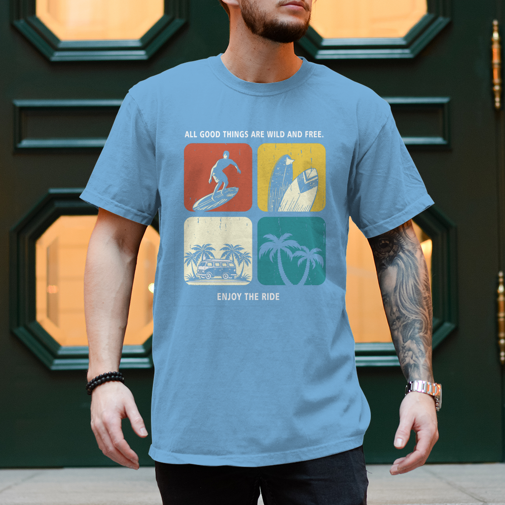 Vanlife T-Shirts:"Van Life und Surfer Shirt – All good things are wild and free"