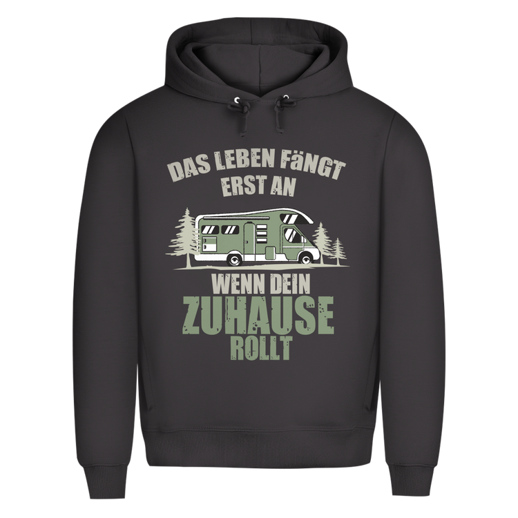 Camper-Hoodie "Das Leben fängt erst an wenn Dein Zuhause rollt" – Vorderansicht