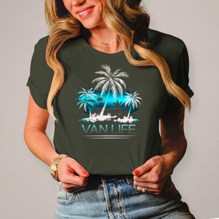 Damen Vanlife Shirt mit Palmen – Stylisches Camping-T-Shirt für Vanlife-Fans – Vorderansicht