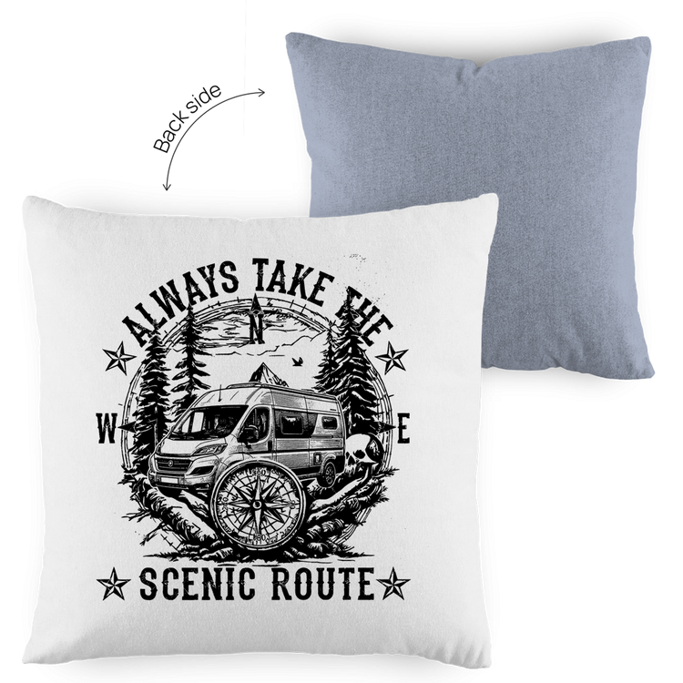 Kopfkissen zweifarbig Vanlife Shirt: Alway Take The Scenic Route – Vorderansicht