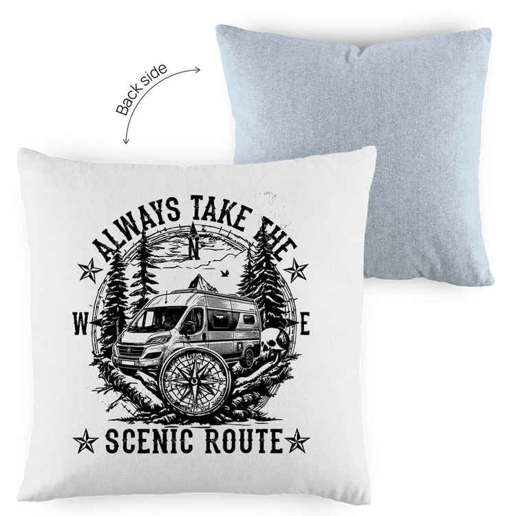 Kopfkissen zweifarbig Vanlife Shirt: Alway Take The Scenic Route – Vorderansicht