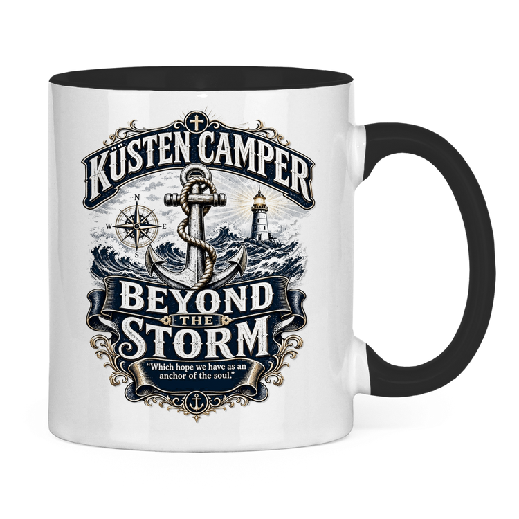 Zweifarbige Campertasse „Küsten Camper – Beyond The Storm“ – Rückansicht