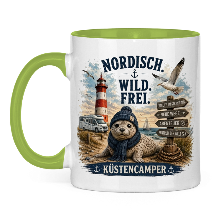 Zweifarbige Campertasse „Küsten Camper – Nordisch Wild und Frei“ – Vorderansicht