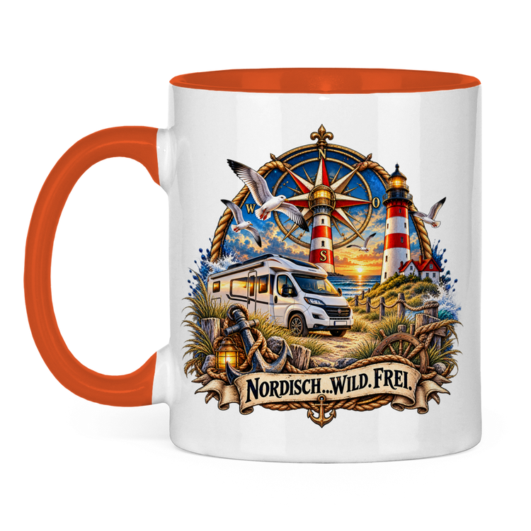 Zweifarbige Campertasse „Küsten Camper – Nordisch. Wild. Frei.“ – Orange, Vorderansicht