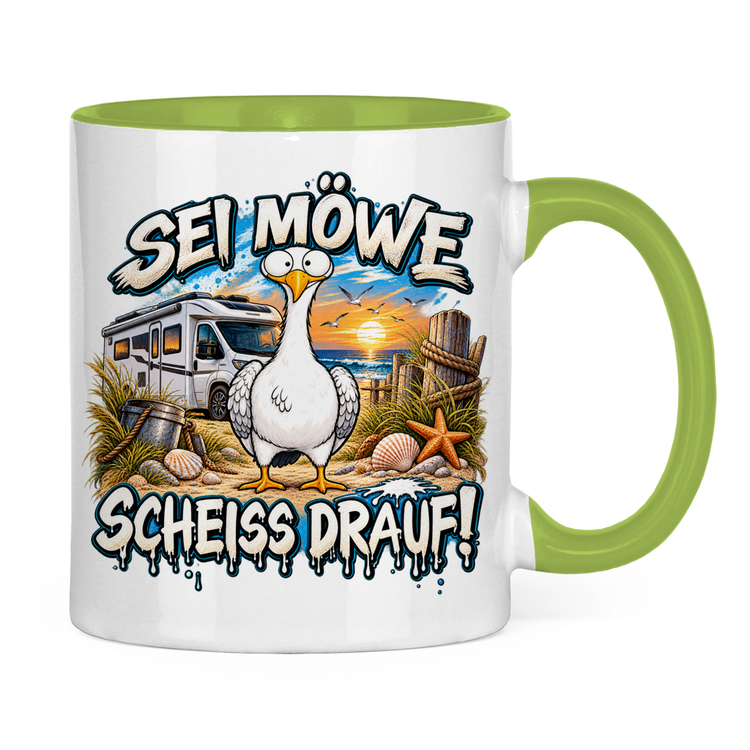 Küsten-Campertasse „Sei Möwe und scheiß drauf!“ – Hellgrün Rückansicht