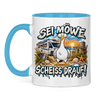 Küsten-Campertasse „Sei Möwe und scheiß drauf!“ – Hellblau Vorderansicht