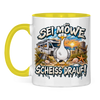 Küsten-Campertasse „Sei Möwe und scheiß drauf!“ – Gelb Vorderansicht