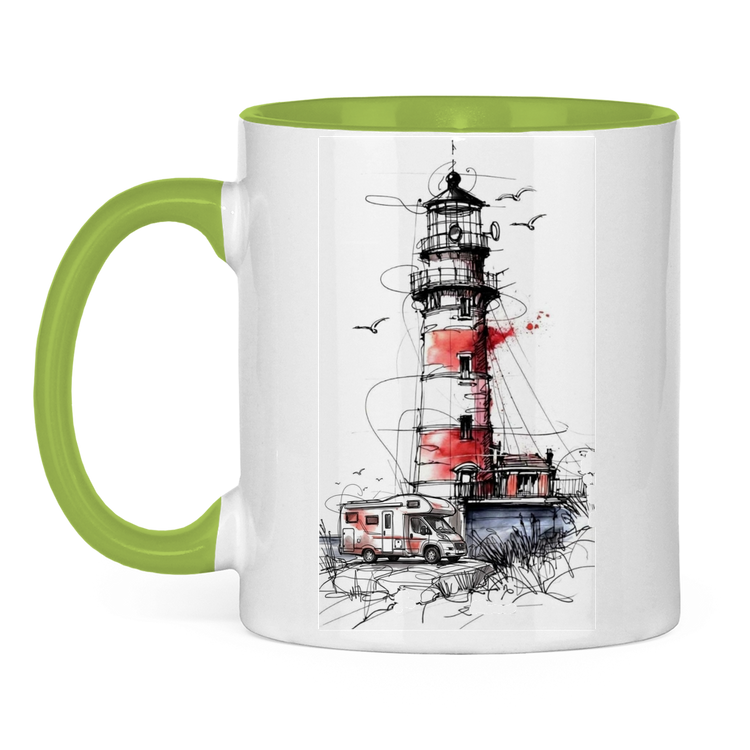 Campertasse – Leuchtturm mit Camper – Hellgrün Vorderansicht