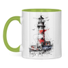 Campertasse – Leuchtturm mit Camper – Hellgrün Vorderansicht