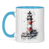 Campertasse – Leuchtturm mit Camper – Hellblau Vorderansicht