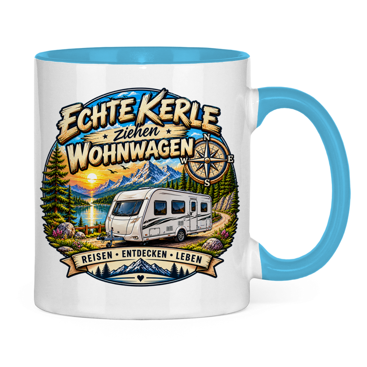 Campertasse „Echte Kerle ziehen Wohnwagen“ – Hellblau Rückansicht
