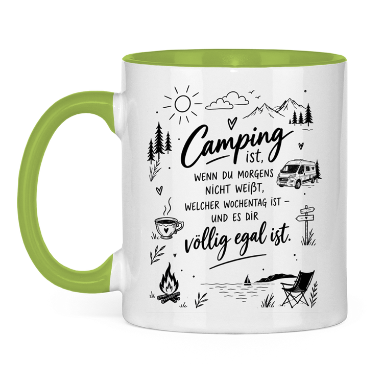 Campertasse „Camping ist …“ – Auszeit mit Lieblingsmenschen – Hellgrün Vorderansicht