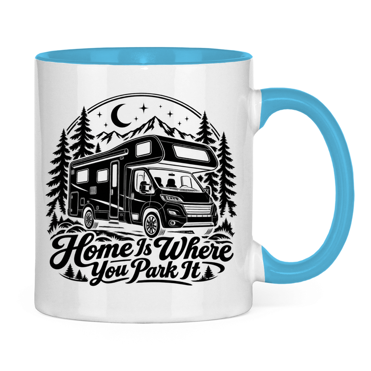 Campertasse „Home Is Where You Park It“ – Alkoven-Wohnmobil – Hellblau Rückansicht