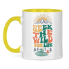 Campertasse „Seek the Wild“ – Berge & Lagerfeuer – Gelb, Vorderansicht