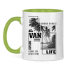 Campertasse „Adventure on Wheels“ – Palmen & Strand – Hellgrün, Vorderansicht