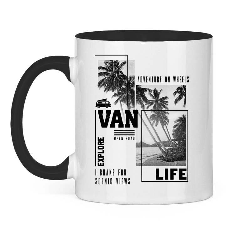 Campertasse „Adventure on Wheels“ – Palmen & Strand – Schwarz, Vorderansicht