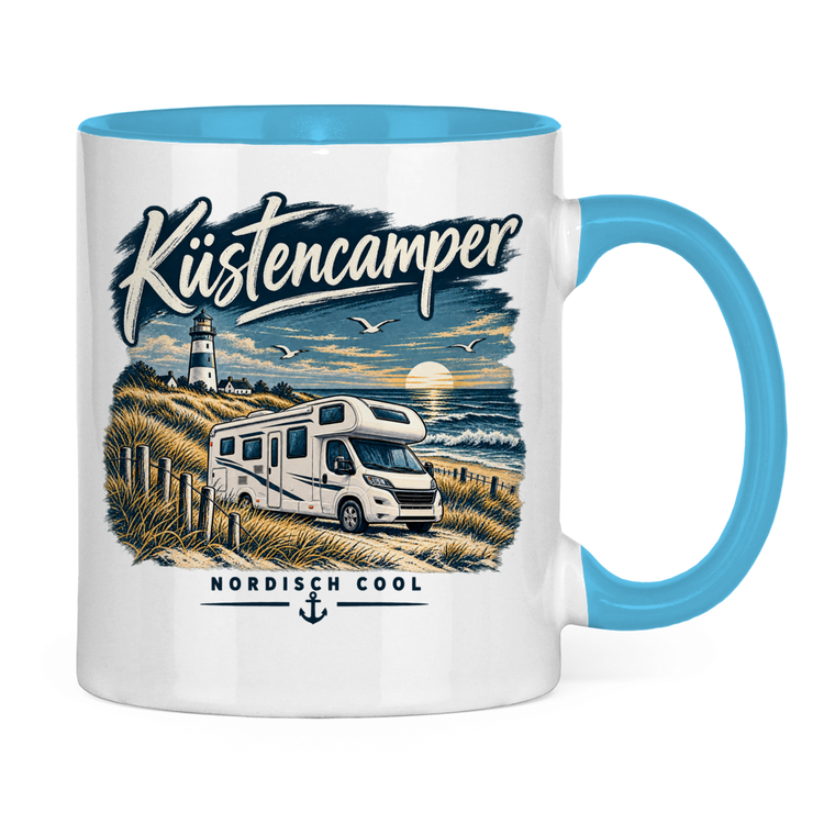 Campertasse „Nordisch Cool – Wohnmobil am Meer“ – Hellblau, Rückansicht
