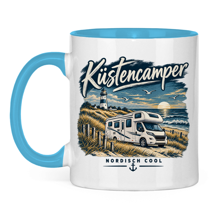 Campertasse „Nordisch Cool – Wohnmobil am Meer“ – Hellblau, Vorderansicht