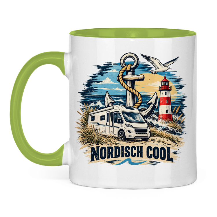 Campertasse „Nordisch Cool – Anker & Wohnmobil“ – Hellgrün, Vorderansicht
