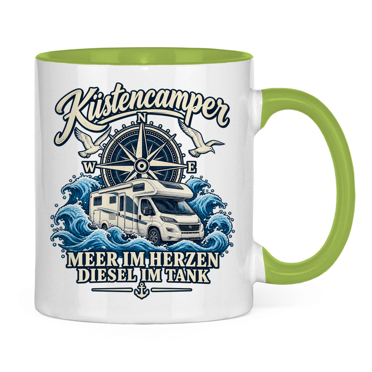 Campertasse „Meer im Herzen – Diesel im Tank“ – Hellgrün, Rückansicht