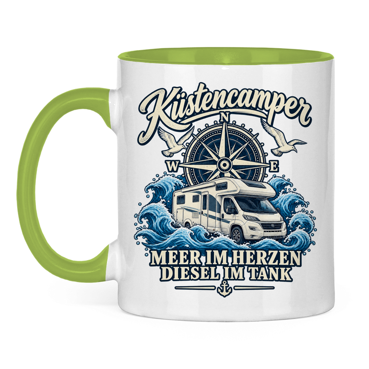 Campertasse „Meer im Herzen – Diesel im Tank“ – Hellgrün, Vorderansicht
