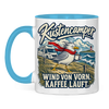 Küstencamper Tasse „Wind von vorn. Kaffee läuft.“ – Hellblau, Vorderansicht