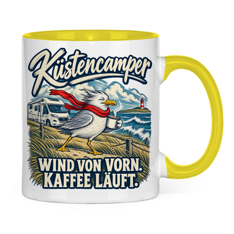Küstencamper Tasse „Wind von vorn. Kaffee läuft.“ – Gelb, Rückansicht