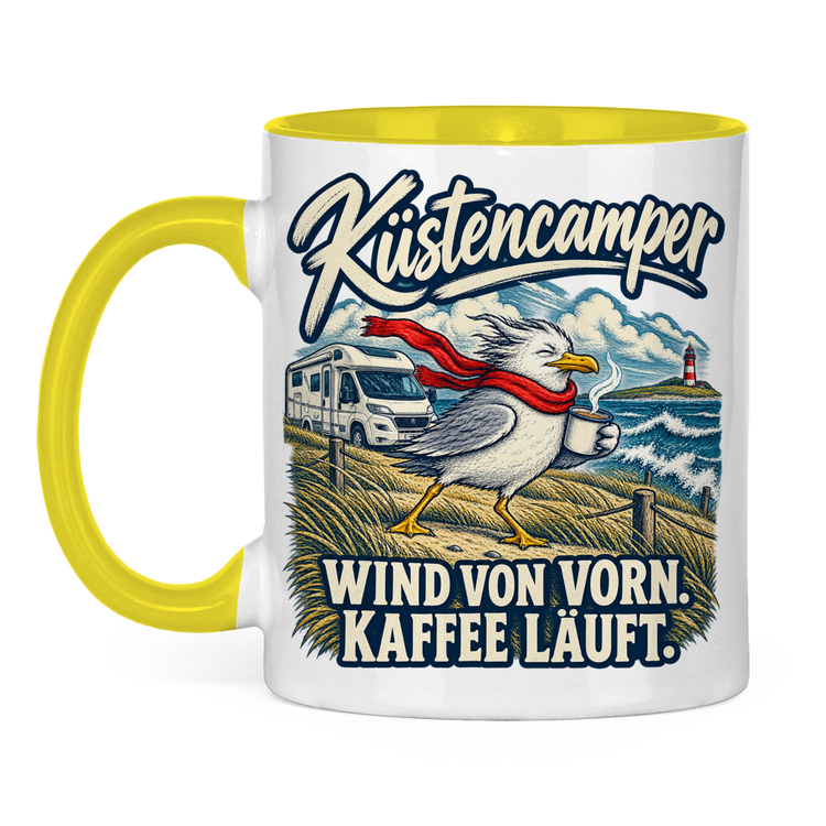 Küstencamper Tasse „Wind von vorn. Kaffee läuft.“ – Gelb, Vorderansicht