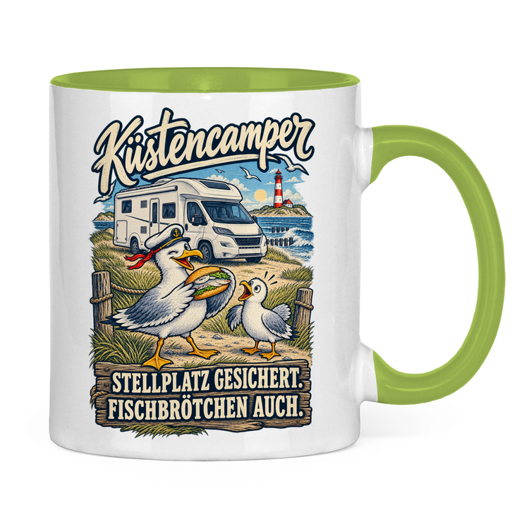 Küstencamper Tasse „Stellplatz gesichert. Fischbrötchen auch.“ – Hellgrün, Rückansicht