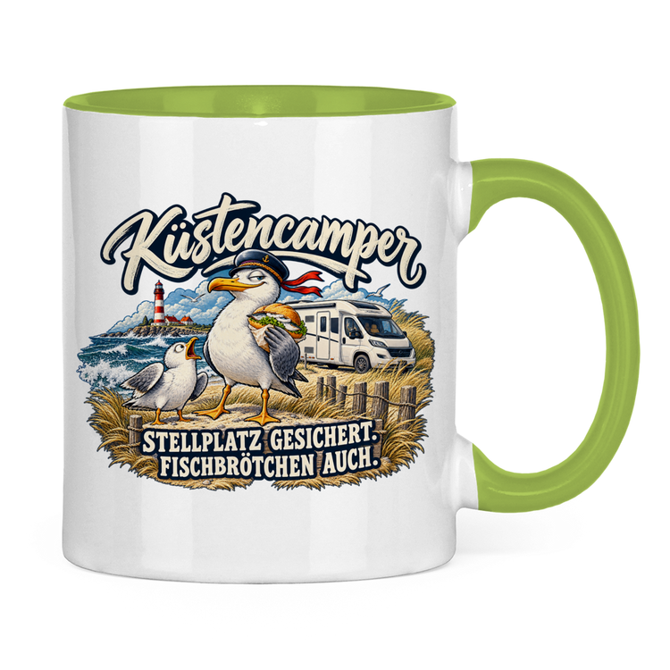 Küstencamper Tasse „Stellplatz gesichert. Fischbrötchen auch.“ – Hellgrün, Rückansicht