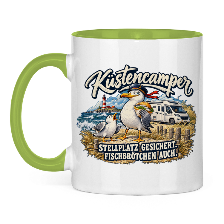 Küstencamper Tasse „Stellplatz gesichert. Fischbrötchen auch.“ – Hellgrün, Vorderansicht