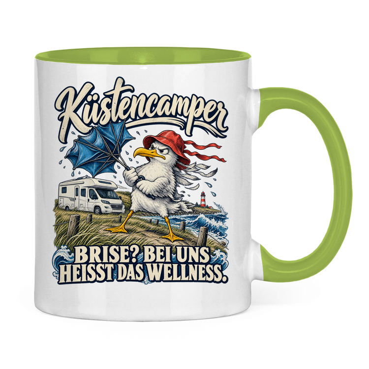 Küstencamper Tasse „Brise? Bei uns heißt das Wellness.“ – Hellgrün, Rückansicht