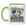 Küstencamper Tasse „Brise? Bei uns heißt das Wellness.“ – Hellgrün, Vorderansicht