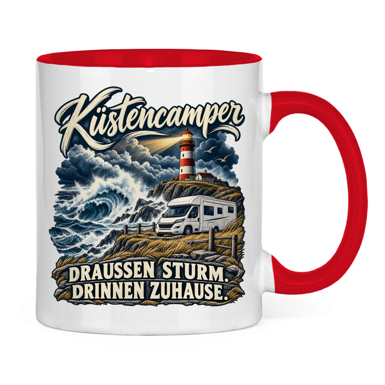 Küstencamper Tasse „Draußen Sturm. Drinnen Zuhause.“ – Rot, Rückansicht