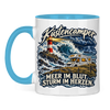 Küstencamper Tasse „Meer im Blut. Sturm im Herzen.“ – Hellblau, Vorderansicht