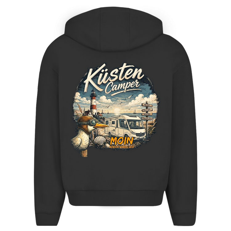 Küstencamper Zipper-Hoodie „Moin“ in Schwarz – Rückansicht, Motiv: Wohnmobil, Leuchtturm und Moin-Schriftzug