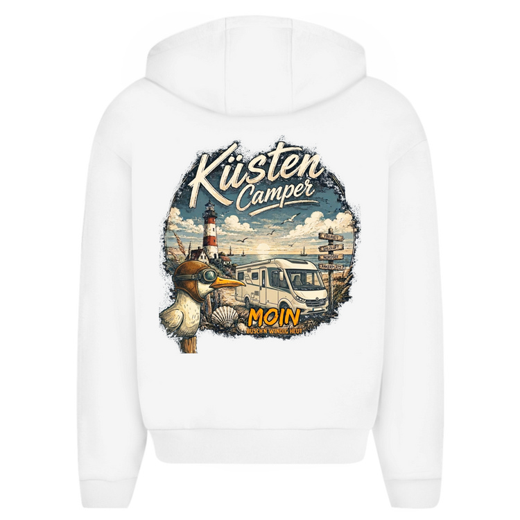 Küstencamper Zipper-Hoodie „Moin“ in Weiß – Rückansicht, Motiv: Wohnmobil, Leuchtturm und Moin-Schriftzug
