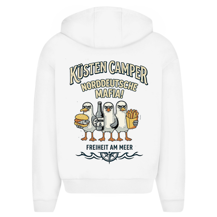 Küstencamper Zipper-Hoodie „Norddeutsche Mafia“ in Weiß – Rückansicht, Motiv: drei Möwen und Schriftzug Norddeutsche Mafia
