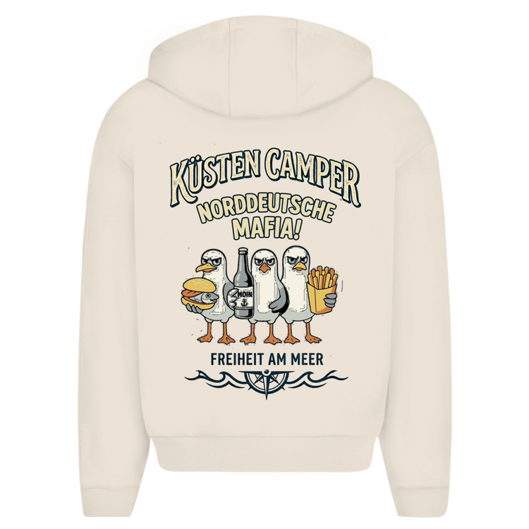 Küstencamper Zipper-Hoodie „Norddeutsche Mafia“ in Sandweiß – Rückansicht, Motiv: drei Möwen und Schriftzug Norddeutsche Mafia