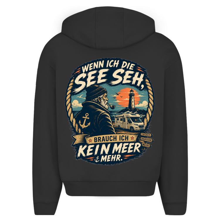 Küstencamper Zipper-Hoodie „Wenn ich die See seh“ in Schwarz – Rückansicht, Motiv: Möwe, Wohnmobil und Leuchtturm