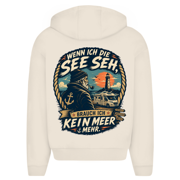 Küstencamper Zipper-Hoodie „Wenn ich die See seh“ in Sandweiß – Rückansicht, Motiv: Möwe, Wohnmobil und Leuchtturm