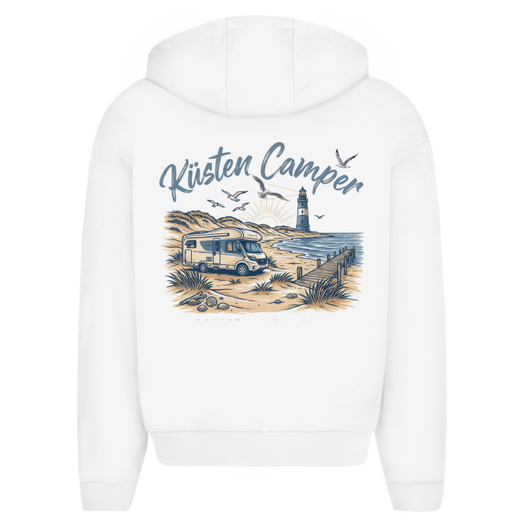 Küstencamper Zipper-Hoodie „Fernweh, Abenteuer, Freiheit“ in Weiß – Rückansicht, Motiv: Camper, Dünen und Leuchtturm