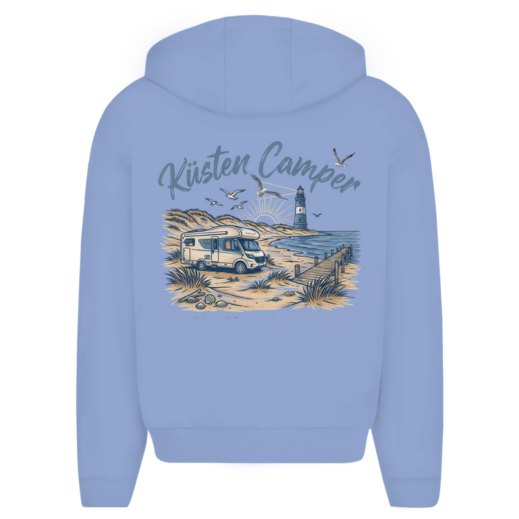 Küstencamper Zipper-Hoodie „Fernweh, Abenteuer, Freiheit“ in Puderblau – Rückansicht, Motiv: Camper, Dünen und Leuchtturm