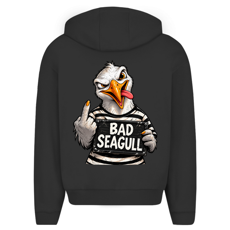 Küstencamper Zipper-Hoodie „Bad Seagull“ in Schwarz – Rückansicht, Motiv: freche Möwe im Streifenshirt