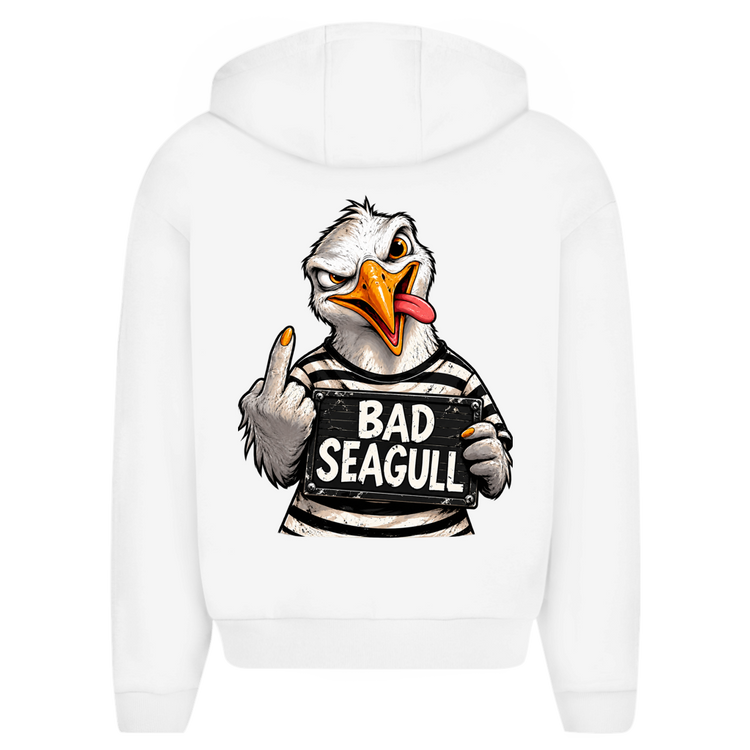 Küstencamper Zipper-Hoodie „Bad Seagull“ in Weiß – Rückansicht, Motiv: freche Möwe im Streifenshirt