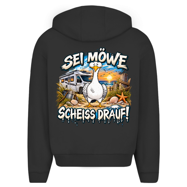 Küstencamper Hoodie „Sei Möwe – scheiß drauf!“ in Schwarz – Rückansicht, Motiv: Möwe, Wohnmobil und Küstenspruch
