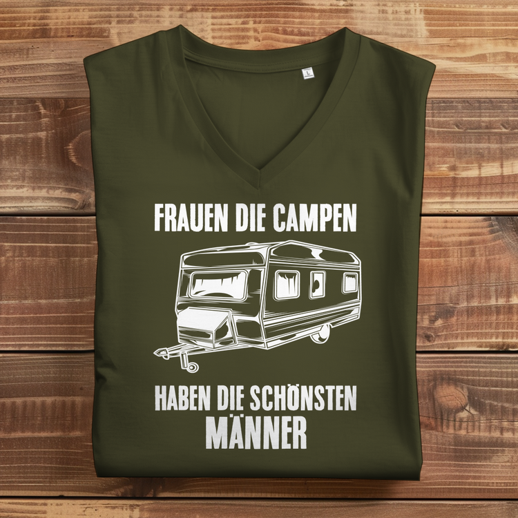 Damen Camper Premium Bio V-Neck T-Shirt "Frauen die Campen, haben die schönsten Männer" – Variante 1