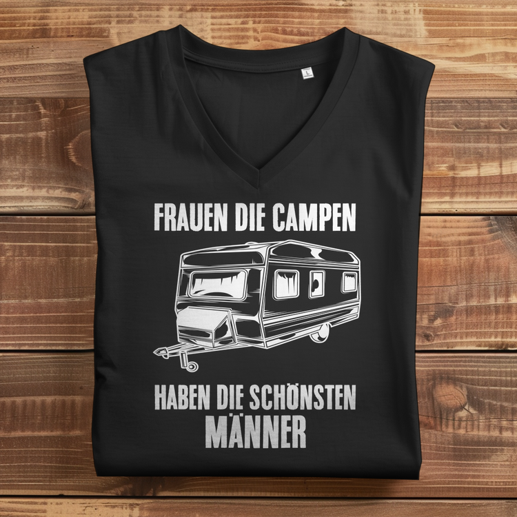 Damen Camper Premium Bio V-Neck T-Shirt "Frauen die Campen, haben die schönsten Männer" – Variante 1